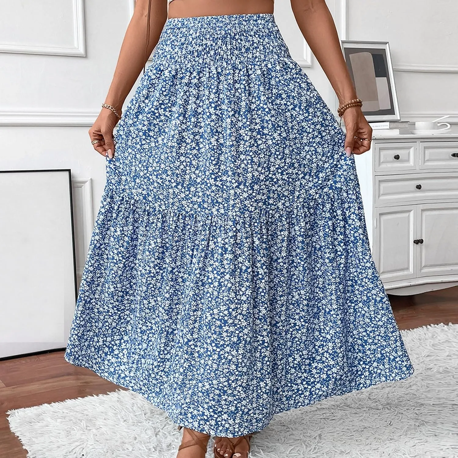 Bohemian Skirts for Women Trendy Country Floral Festival Smocked Beach Flutter Travel Elastic Waist Peasant Swing Skirts