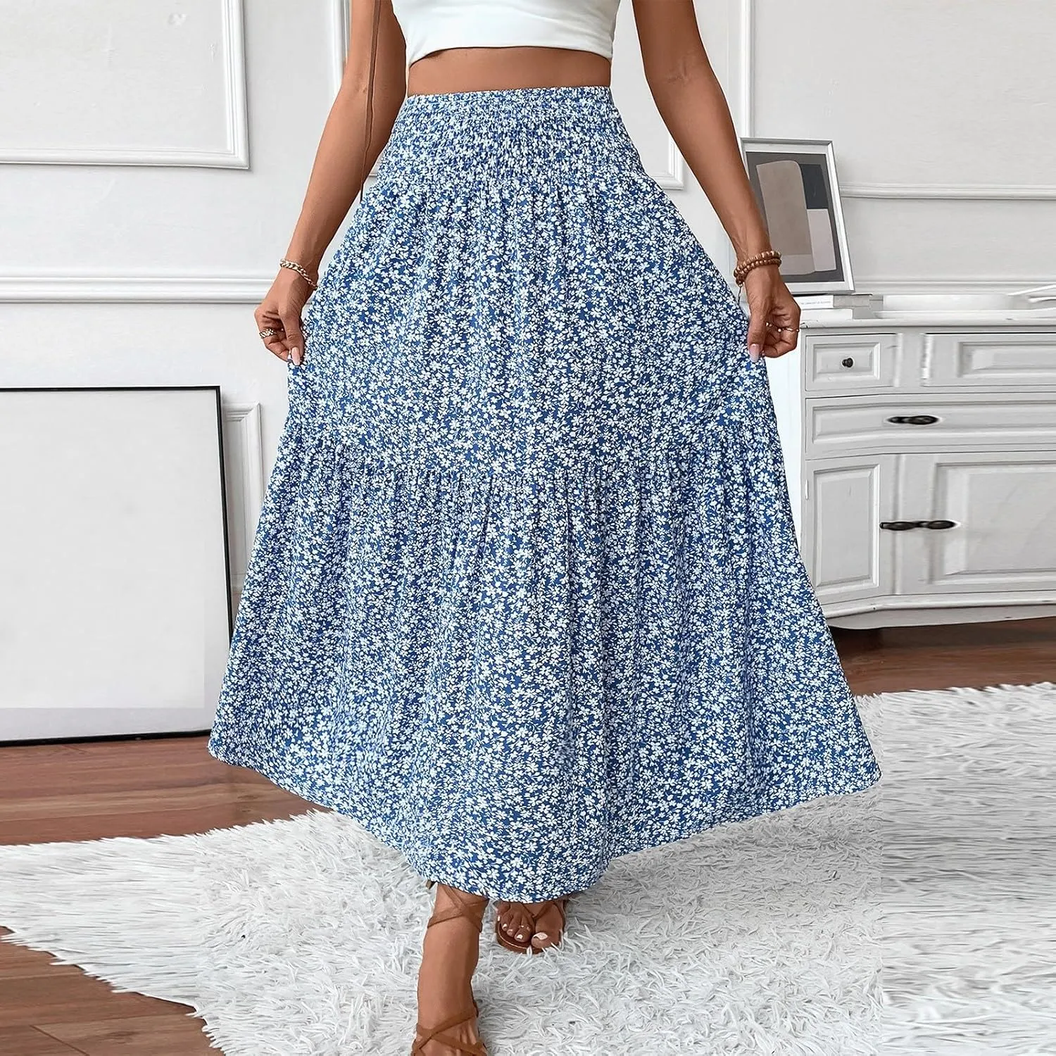 Bohemian Skirts for Women Trendy Country Floral Festival Smocked Beach Flutter Travel Elastic Waist Peasant Swing Skirts