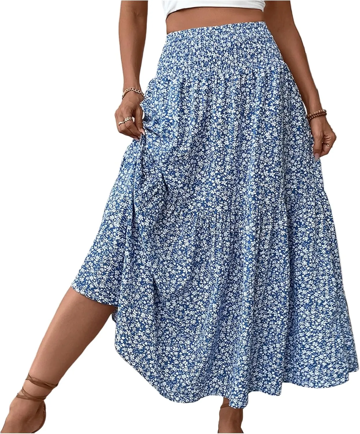 Bohemian Skirts for Women Trendy Country Floral Festival Smocked Beach Flutter Travel Elastic Waist Peasant Swing Skirts