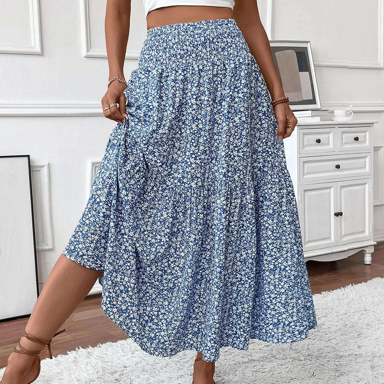 Bohemian Skirts for Women Trendy Country Floral Festival Smocked Beach Flutter Travel Elastic Waist Peasant Swing Skirts