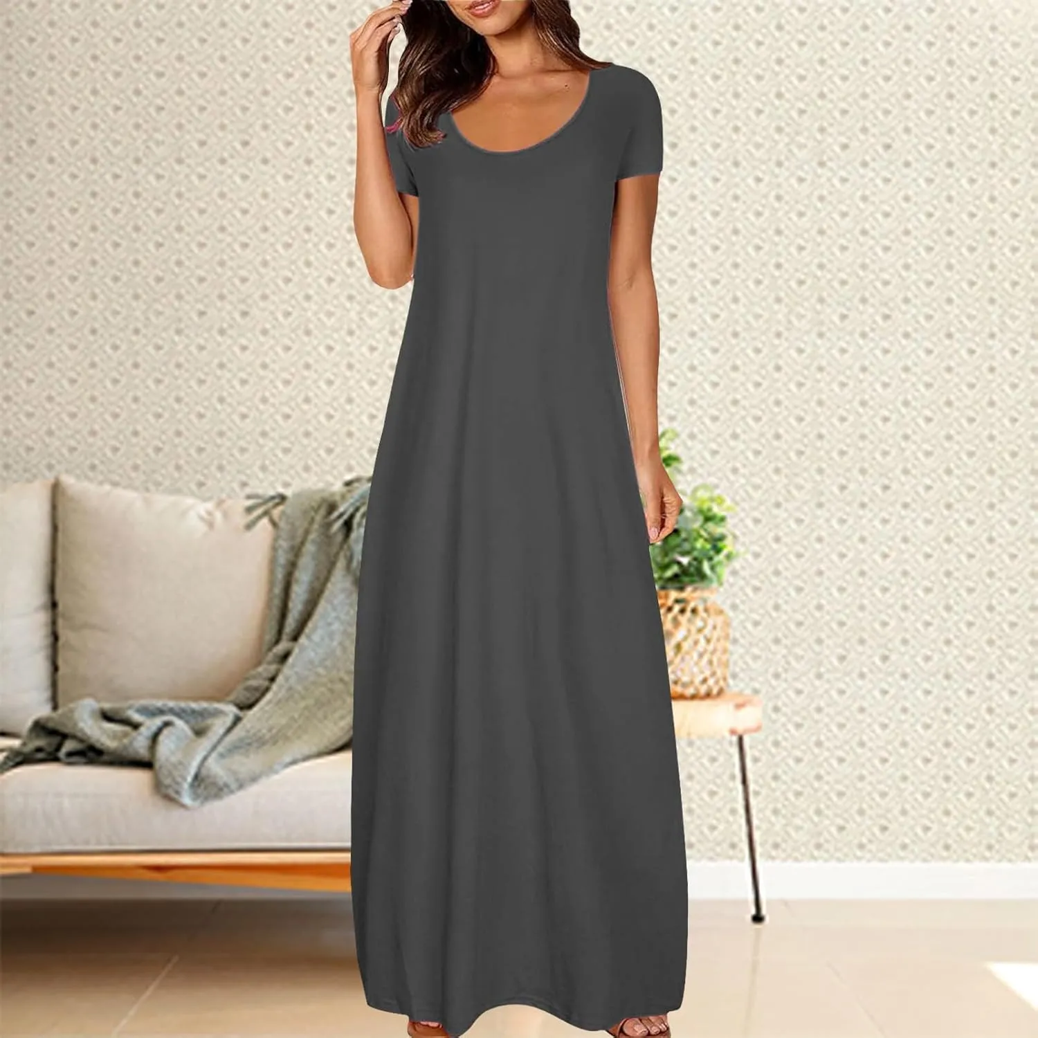 Boho Dresses for Women 2025 Summer Maxi Y2k Solid Color Long Dress Short Sleeve V Neck Flowy Beach Sundress