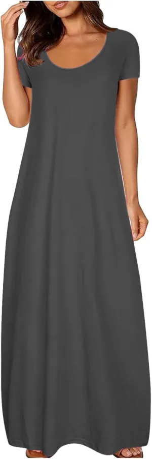 Boho Dresses for Women 2025 Summer Maxi Y2k Solid Color Long Dress Short Sleeve V Neck Flowy Beach Sundress