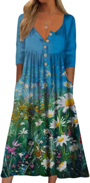 Boho Dresses for Women 2025 V Neck Short Sleeve Floral Maxi Dress Summer Plus Size Beach Clothes with Pockets