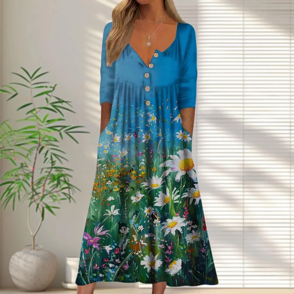 Boho Dresses for Women 2025 V Neck Short Sleeve Floral Maxi Dress Summer Plus Size Beach Clothes with Pockets
