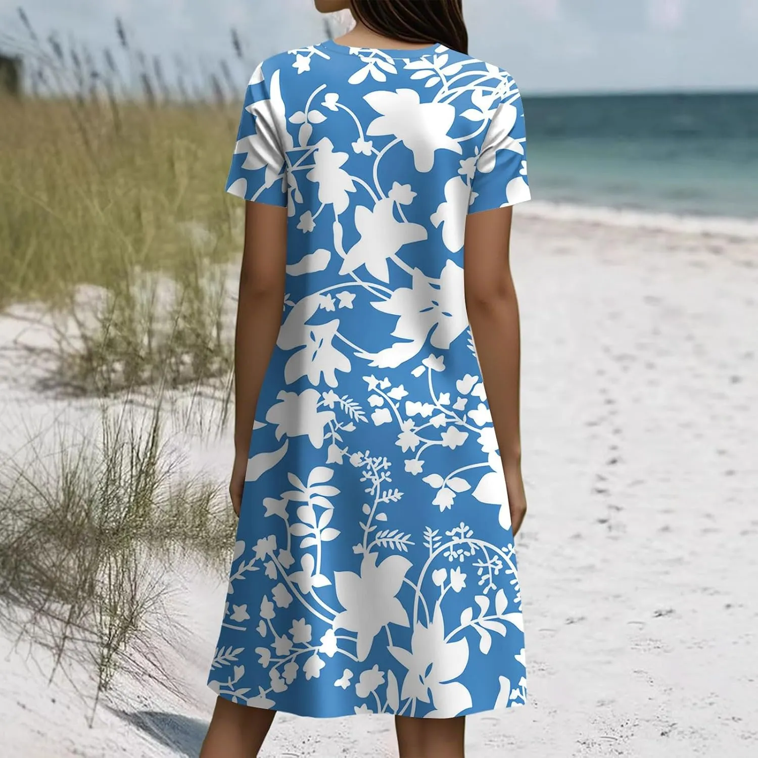 Boho Dresses for Women Casual Summer Short Sleeve Midi Dress Plus Size Baggy Flowy Swing Beach Vacation Sundress
