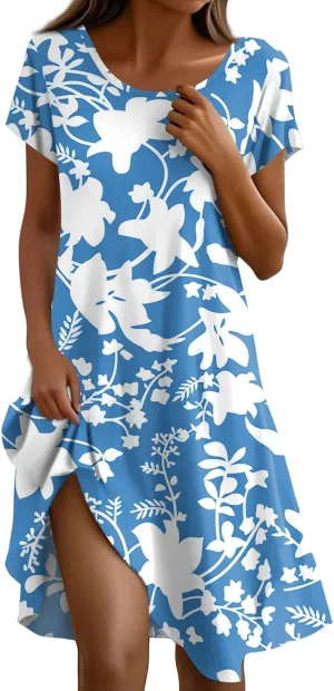 Boho Dresses for Women Casual Summer Short Sleeve Midi Dress Plus Size Baggy Flowy Swing Beach Vacation Sundress