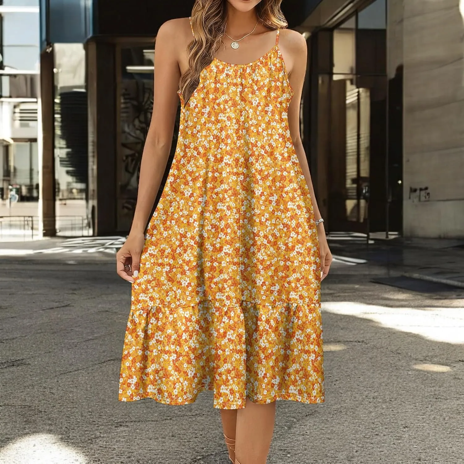 Boho Floral Spaghetti Strap Dresses for Women Sleeveless Midi Sundress Crewneck A-Line Dress Casual Beach Sundress