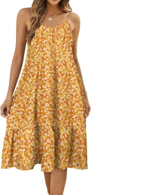 Boho Floral Spaghetti Strap Dresses for Women Sleeveless Midi Sundress Crewneck A-Line Dress Casual Beach Sundress