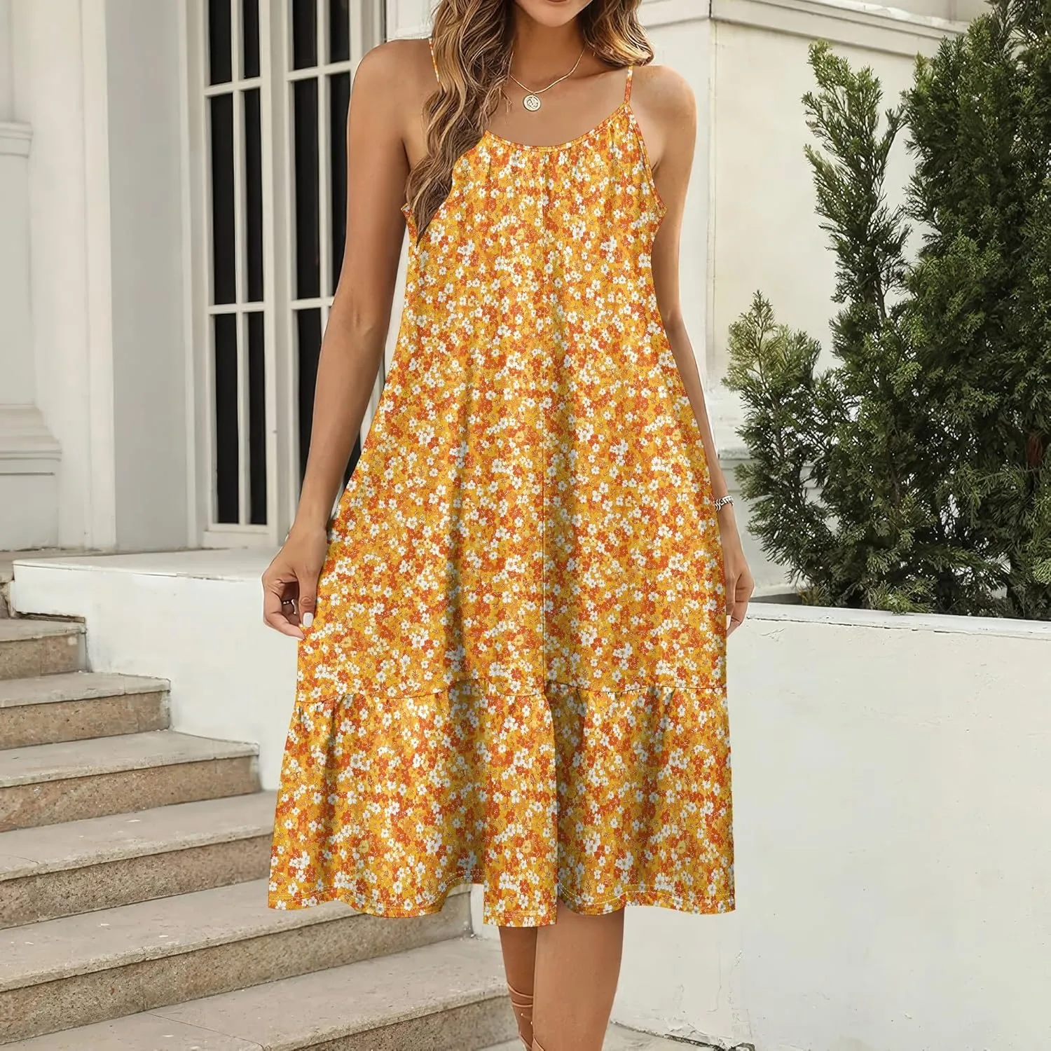 Boho Floral Spaghetti Strap Dresses for Women Sleeveless Midi Sundress Crewneck A-Line Dress Casual Beach Sundress