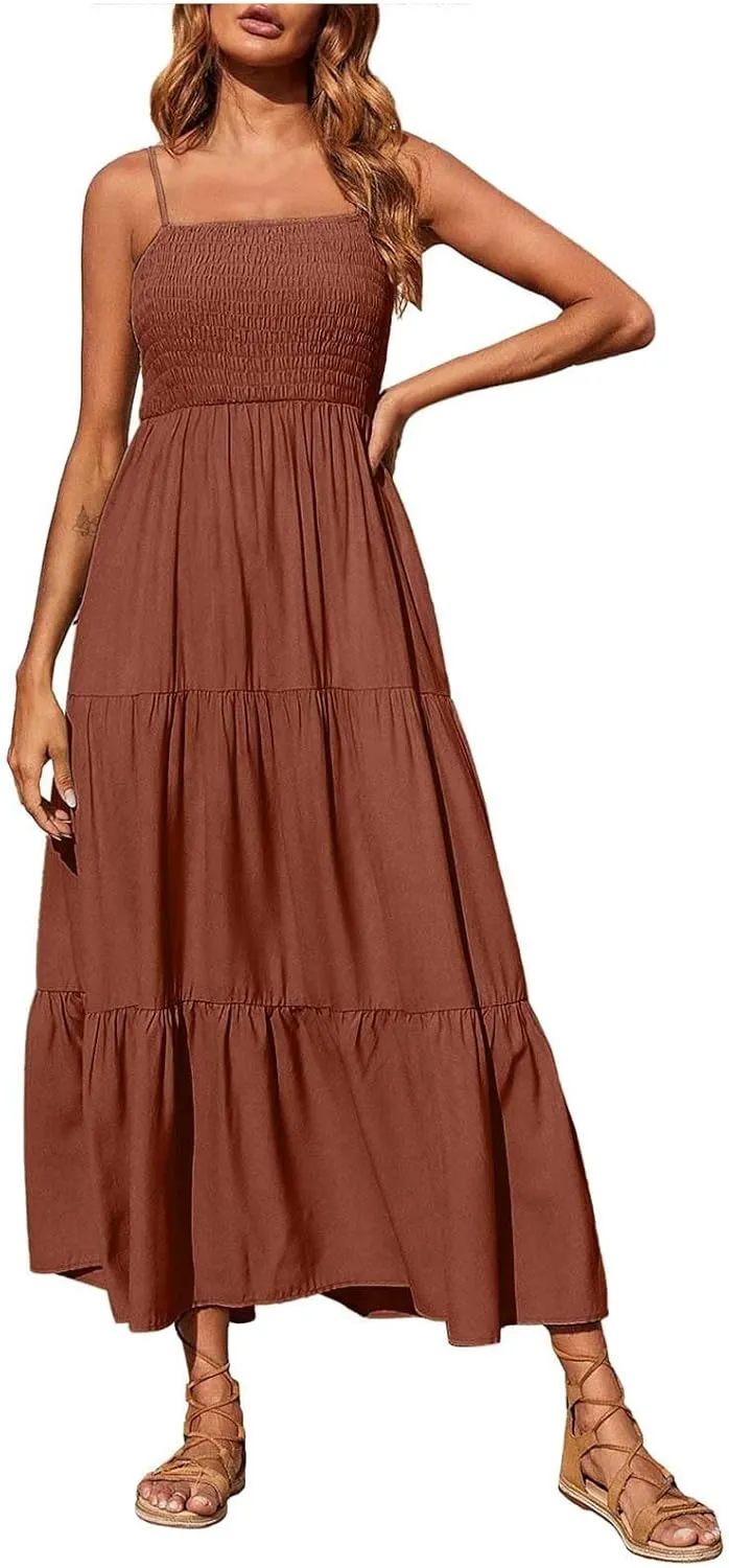 Boho Summer Dresses for Women Casual Ruched Maxi Dress Sleeveless Square Neck Cami Dresses Flowy Tiered Sundress
