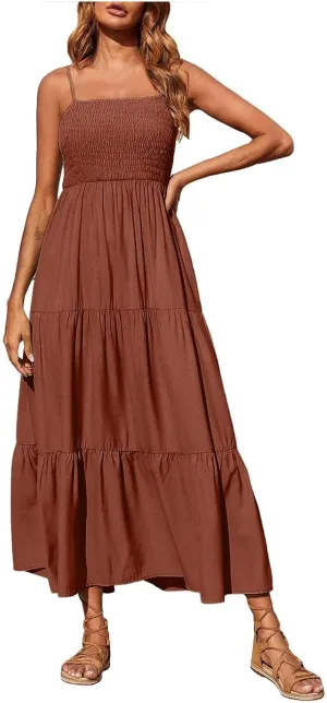 Boho Summer Dresses for Women Casual Ruched Maxi Dress Sleeveless Square Neck Cami Dresses Flowy Tiered Sundress