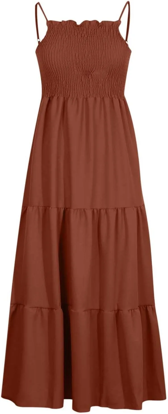 Boho Summer Dresses for Women Casual Ruched Maxi Dress Sleeveless Square Neck Cami Dresses Flowy Tiered Sundress