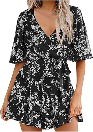 Boho Vacation Dresses for Women Summer 2024 Cocktail Casual Short Sleeve Wrap V Neck Tie Waisted Ruffle Layered Mini Dresses