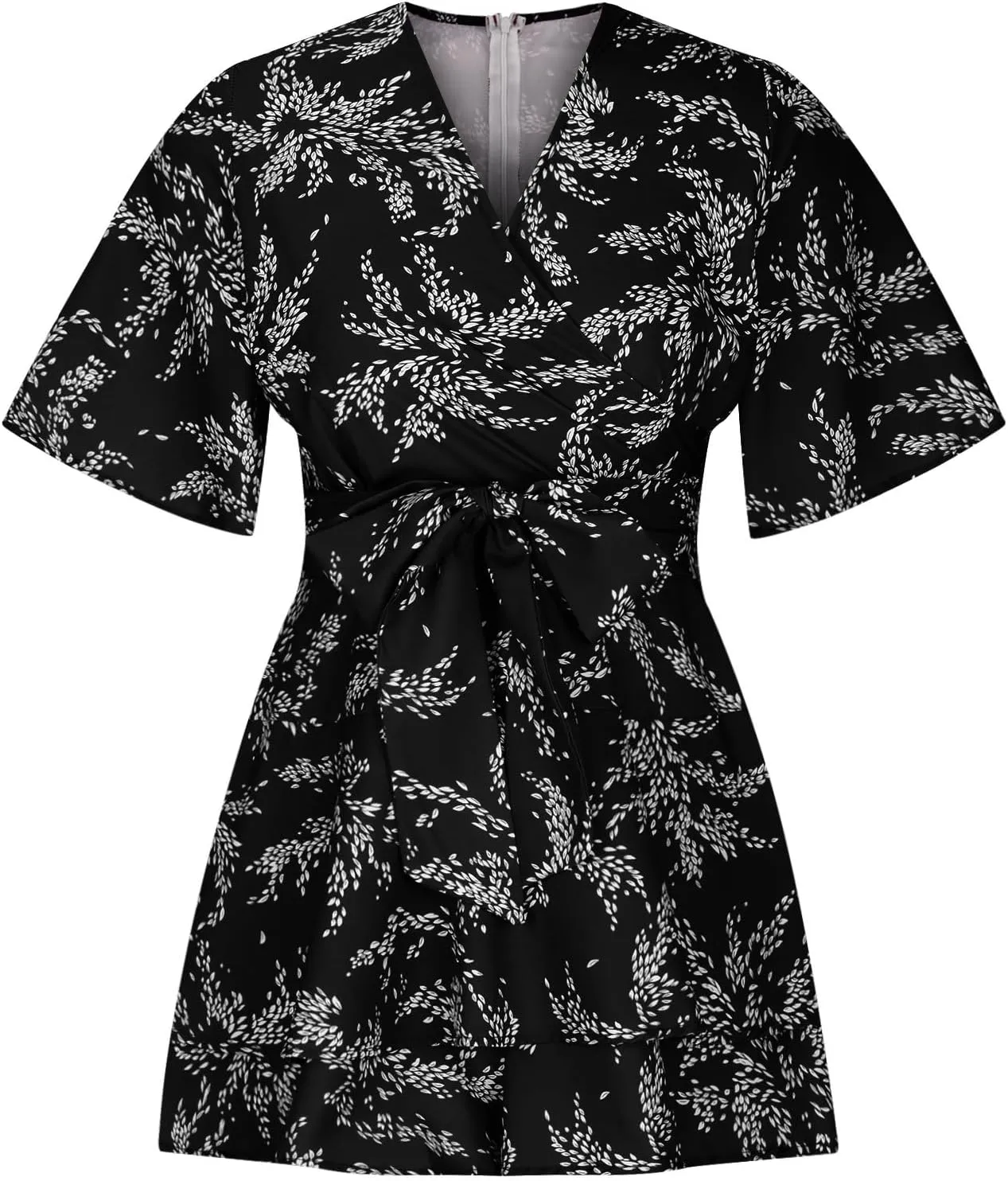 Boho Vacation Dresses for Women Summer 2024 Cocktail Casual Short Sleeve Wrap V Neck Tie Waisted Ruffle Layered Mini Dresses