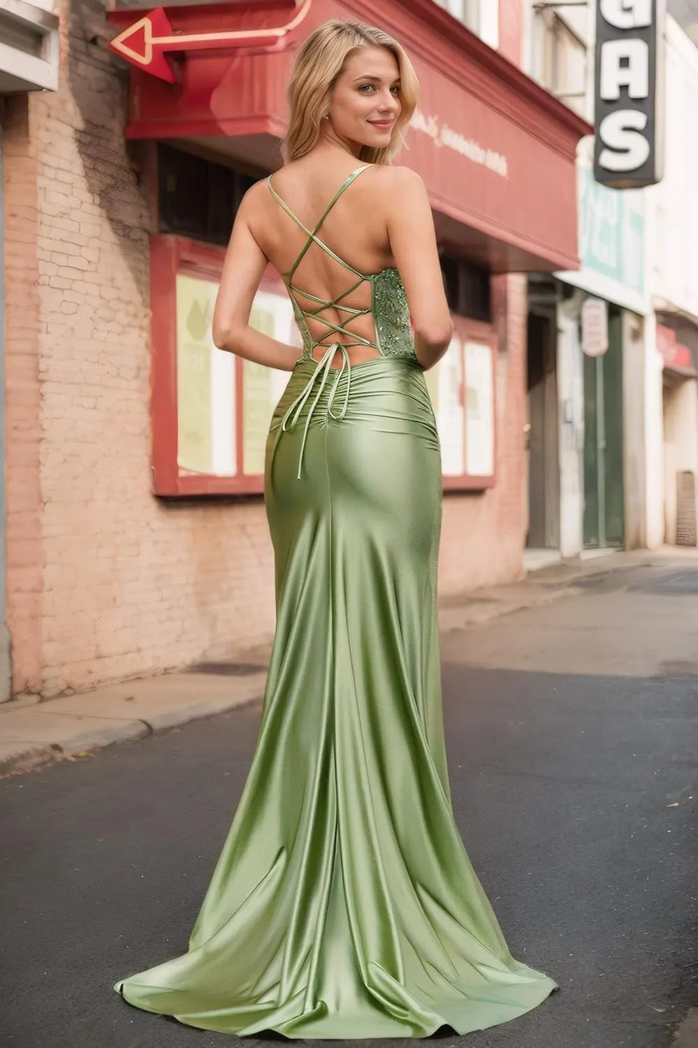 BOLENSYE Spaghetti Strap Satin Prom Dresses Long Corset Evening Gown Lace Appliques Formal Dress with Slit