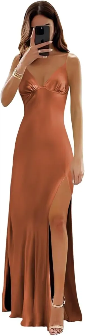 BOLENSYE Spaghetti Strap Satin Prom Dresses Long Silk Ball Gown V-Neck Evening Party Dress for Women