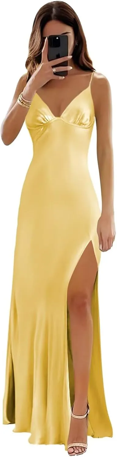 BOLENSYE Spaghetti Strap Satin Prom Dresses Long Silk Ball Gown V-Neck Evening Party Dress for Women