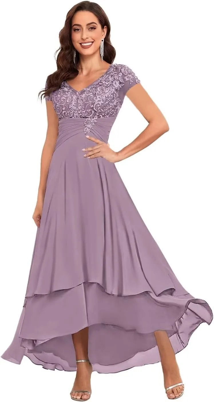 BOLENSYE Tea Length Mother of The Bride Dresses for Wedding Chiffon Lace Ruched Formal Evening Party Gown with Sleeves