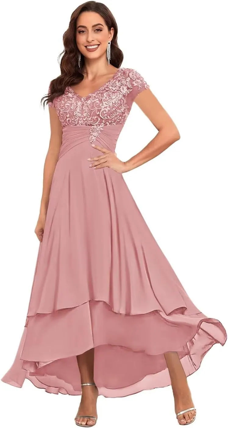 BOLENSYE Tea Length Mother of The Bride Dresses for Wedding Chiffon Lace Ruched Formal Evening Party Gown with Sleeves