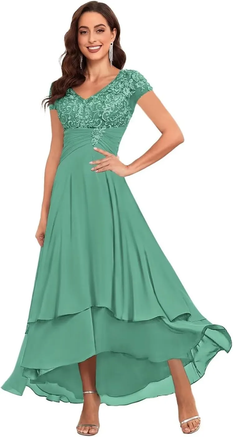 BOLENSYE Tea Length Mother of The Bride Dresses for Wedding Chiffon Lace Ruched Formal Evening Party Gown with Sleeves