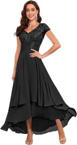 BOLENSYE Tea Length Mother of The Bride Dresses for Wedding Chiffon Lace Ruched Formal Evening Party Gown with Sleeves