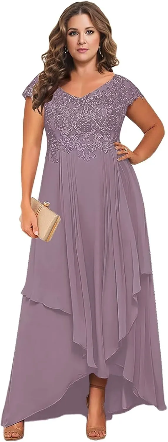 BONOYUER Tea Length Mother of The Bride Dresses with Sleeves V Neck Chiffon High Low Formal Evening Dress for Women