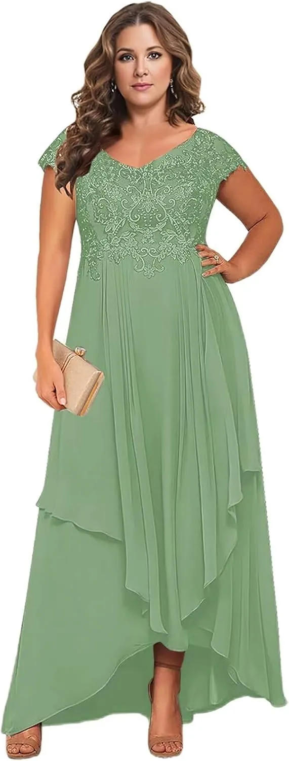 BONOYUER Tea Length Mother of The Bride Dresses with Sleeves V Neck Chiffon High Low Formal Evening Dress for Women
