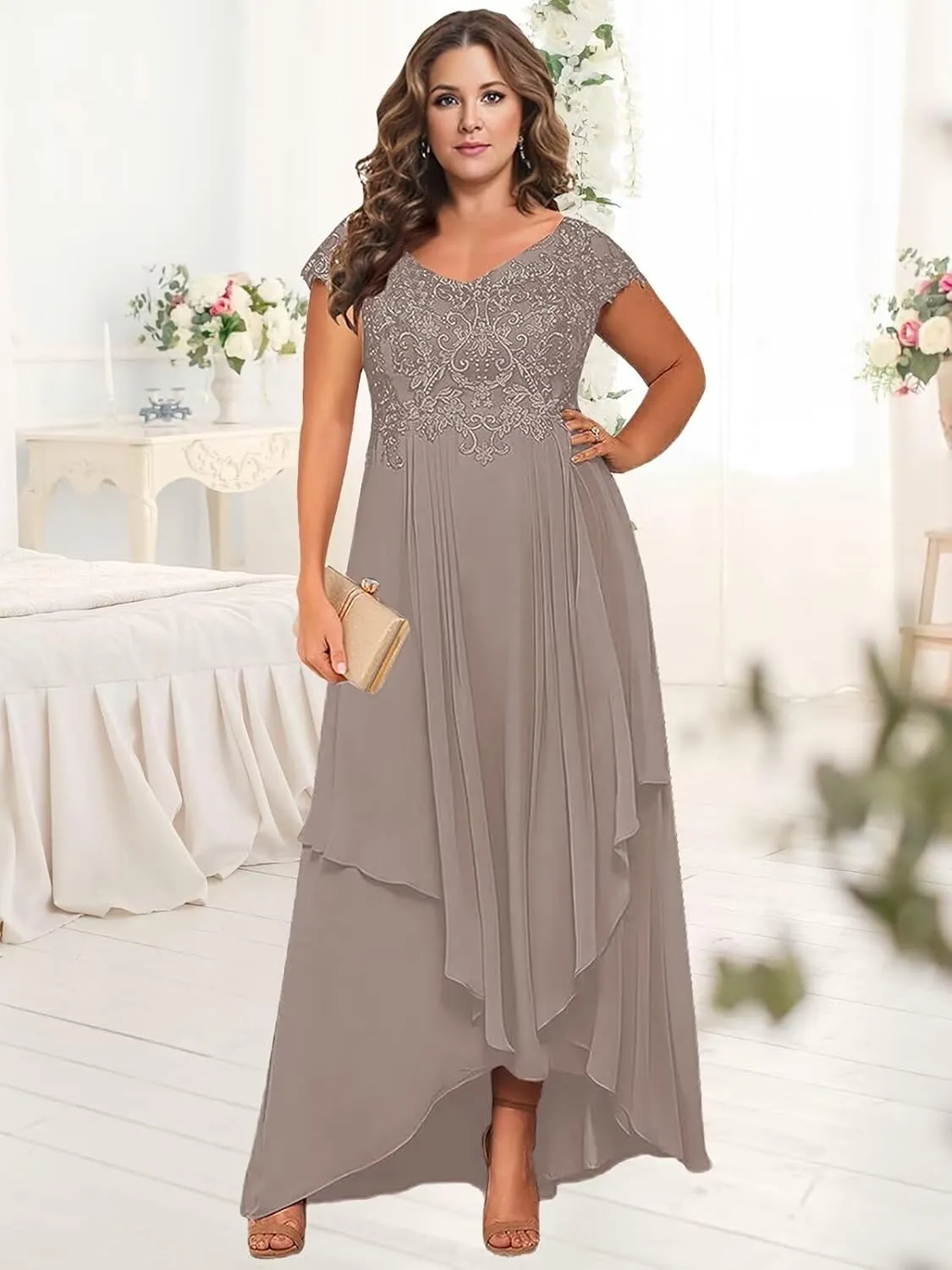 BONOYUER Tea Length Mother of The Bride Dresses with Sleeves V Neck Chiffon High Low Formal Evening Dress for Women