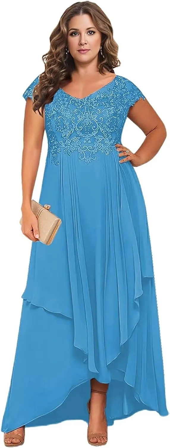 BONOYUER Tea Length Mother of The Bride Dresses with Sleeves V Neck Chiffon High Low Formal Evening Dress for Women