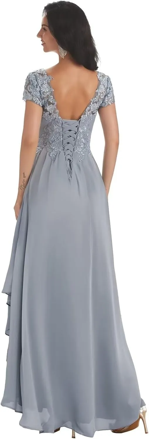BONOYUER Tea Length Mother of The Bride Dresses with Sleeves V Neck Chiffon High Low Formal Evening Dress for Women