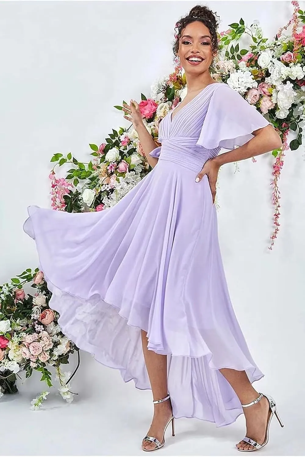 Bridesmaid Dresses for Women Chiffon High Low V Neck Flutter Sleeves Formal Wedding Guest Dress with Pockets