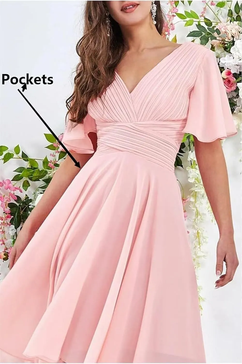 Bridesmaid Dresses for Women Chiffon High Low V Neck Flutter Sleeves Formal Wedding Guest Dress with Pockets