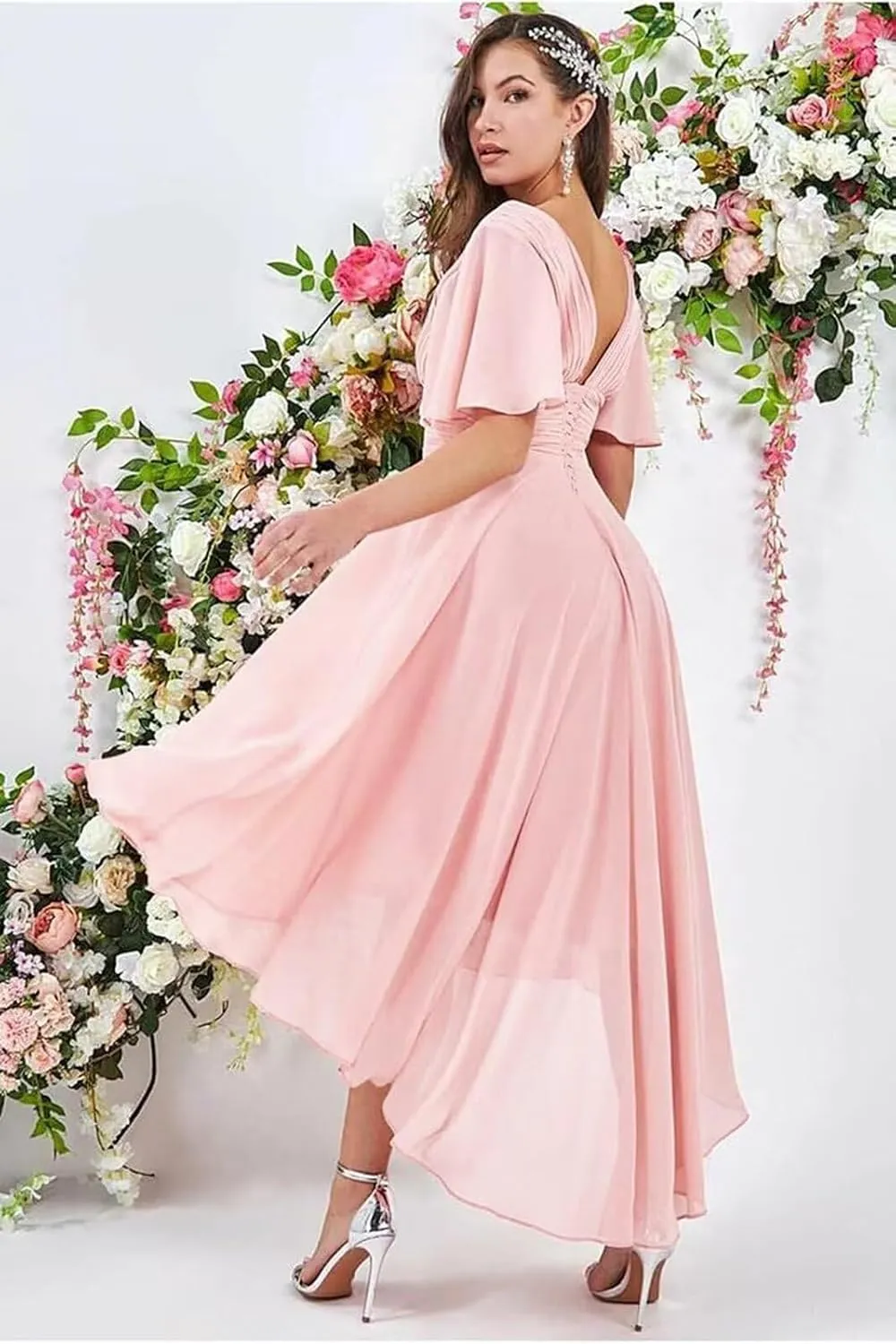 Bridesmaid Dresses for Women Chiffon High Low V Neck Flutter Sleeves Formal Wedding Guest Dress with Pockets