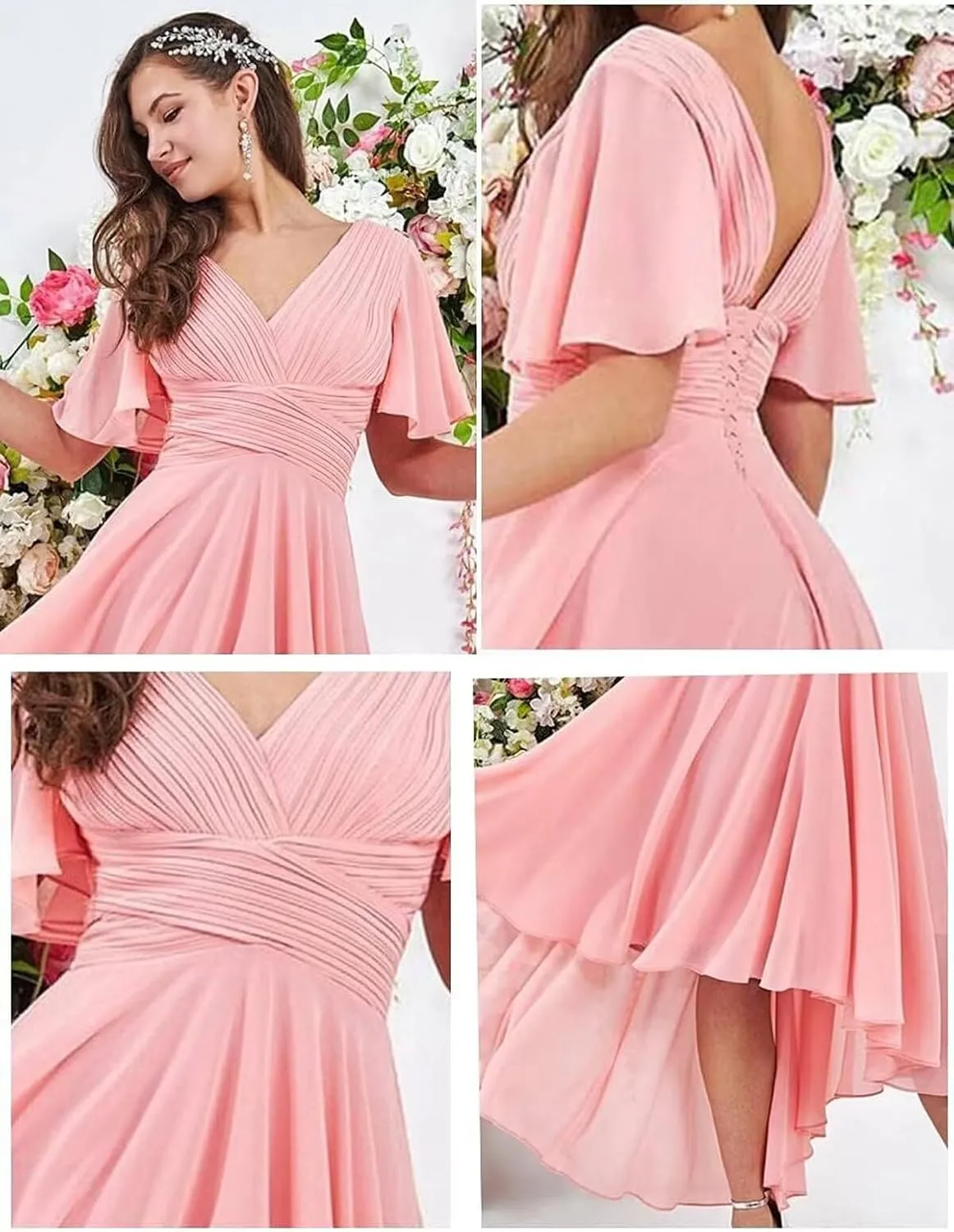 Bridesmaid Dresses for Women Chiffon High Low V Neck Flutter Sleeves Formal Wedding Guest Dress with Pockets
