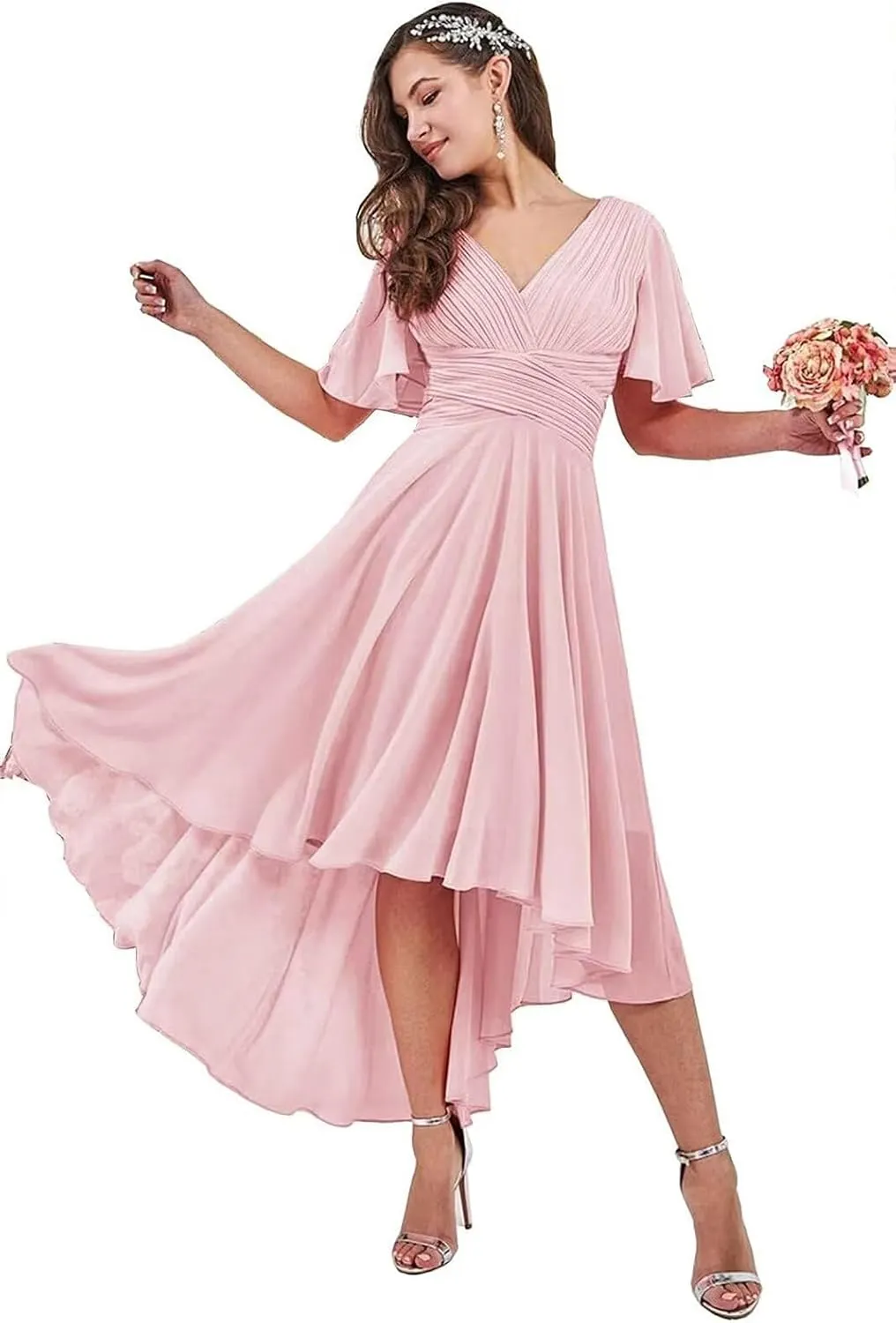 Bridesmaid Dresses for Women Chiffon High Low V Neck Flutter Sleeves Formal Wedding Guest Dress with Pockets