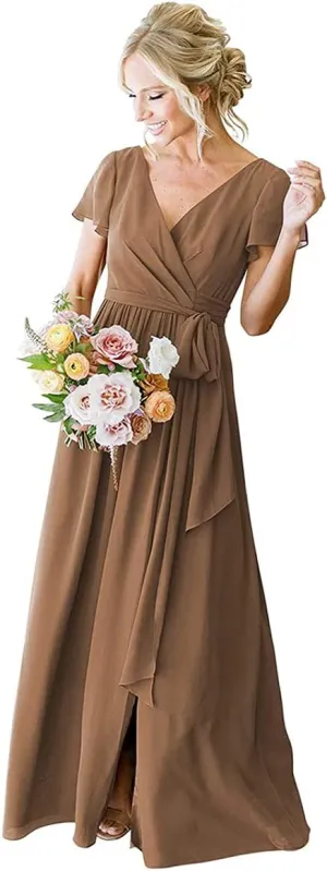 Brown Short Sleeve Bridesmaid Dresses Plus Size for Women with Pockets Long Chiffon Formal Dresses Evening Gown 22W