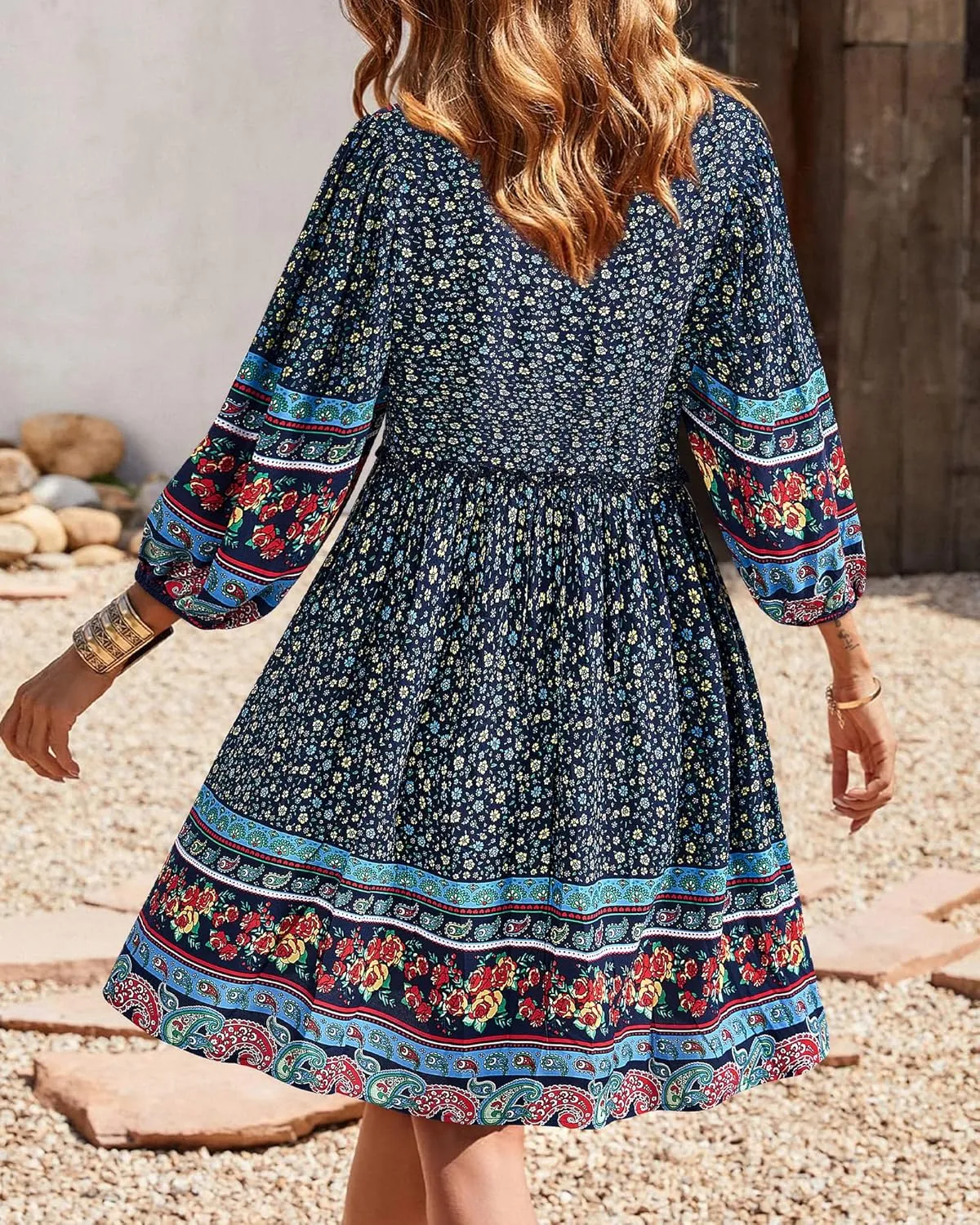 BTFBM Women Casual Spring Summer Dresses V Neck 3/4 Long Sleeve Ruffle Floral Flowy Boho Babydoll Mini Short Beach Dress