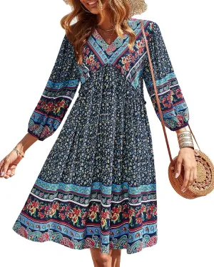 BTFBM Women Casual Spring Summer Dresses V Neck 3/4 Long Sleeve Ruffle Floral Flowy Boho Babydoll Mini Short Beach Dress