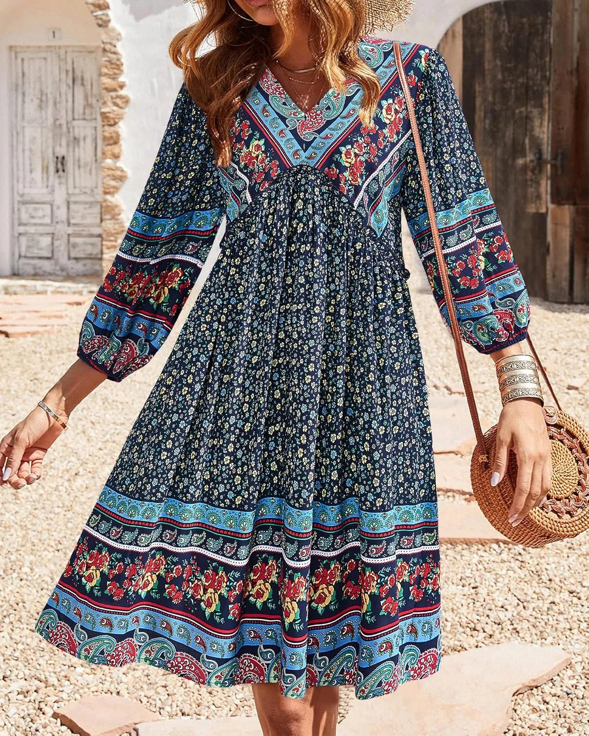BTFBM Women Casual Spring Summer Dresses V Neck 3/4 Long Sleeve Ruffle Floral Flowy Boho Babydoll Mini Short Beach Dress