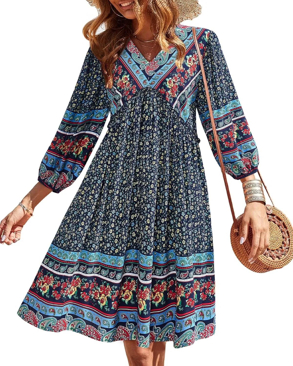 BTFBM Women Casual Spring Summer Dresses V Neck 3/4 Long Sleeve Ruffle Floral Flowy Boho Babydoll Mini Short Beach Dress