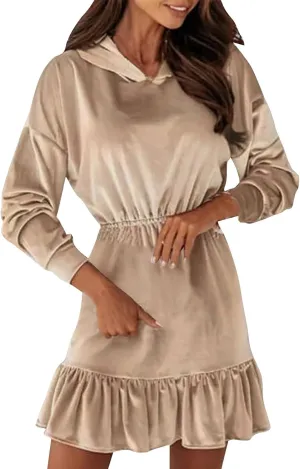 Business Casual Outfits for Women Hooded Long Sleeve Ruffle Mini Dresses Elastic High Waist Y2K 2025 Fashion Dress