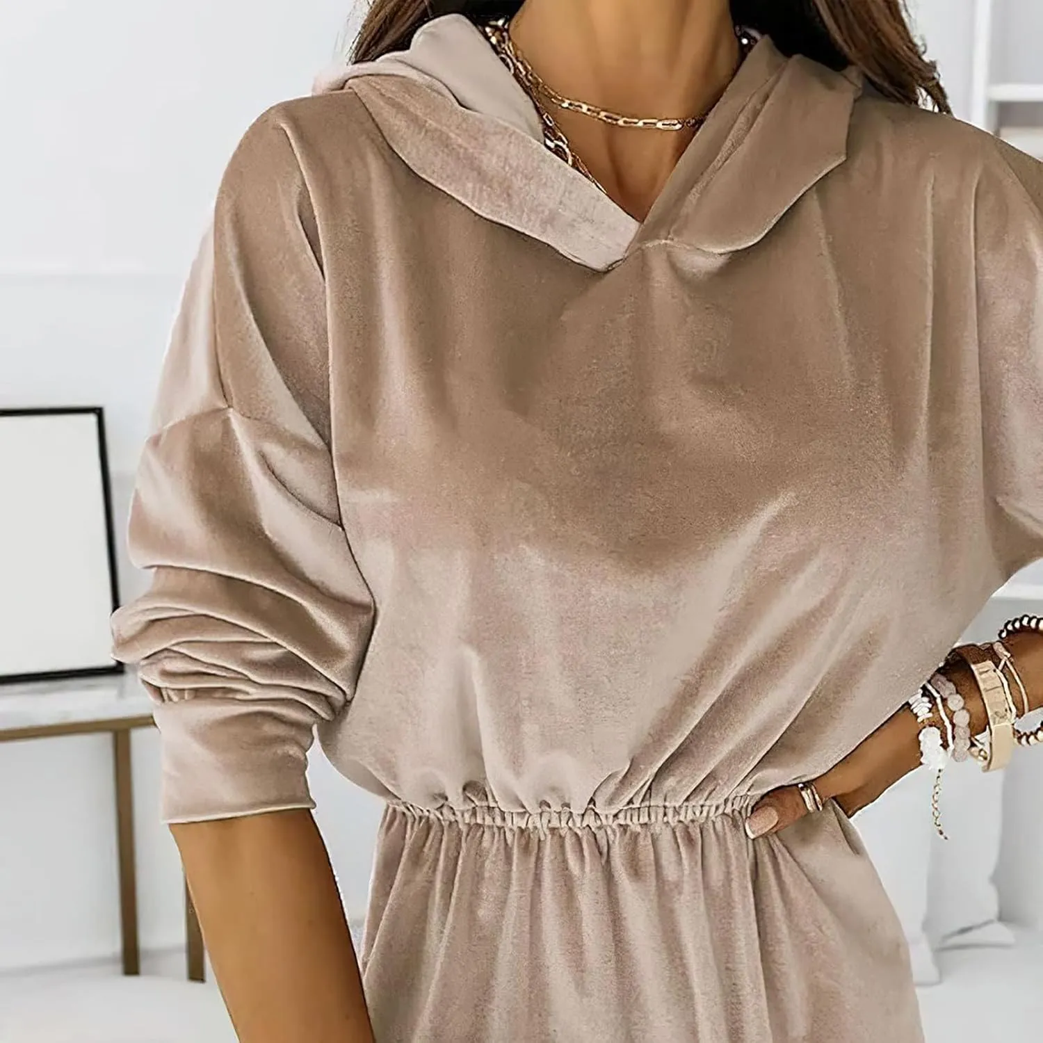 Business Casual Outfits for Women Hooded Long Sleeve Ruffle Mini Dresses Elastic High Waist Y2K 2025 Fashion Dress