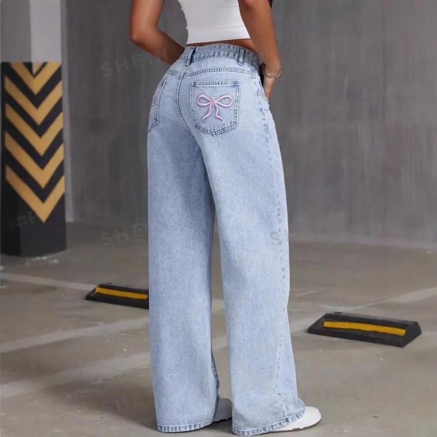 Butterfly Knot Embroidered Denim Jeans for Women, Sweet and Spicy High-Waisted Straight-Leg Loose-Fit Pants