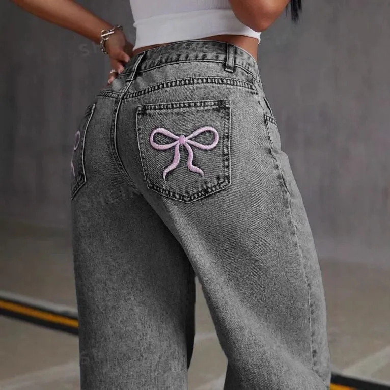 Butterfly Knot Embroidered Denim Jeans for Women, Sweet and Spicy High-Waisted Straight-Leg Loose-Fit Pants