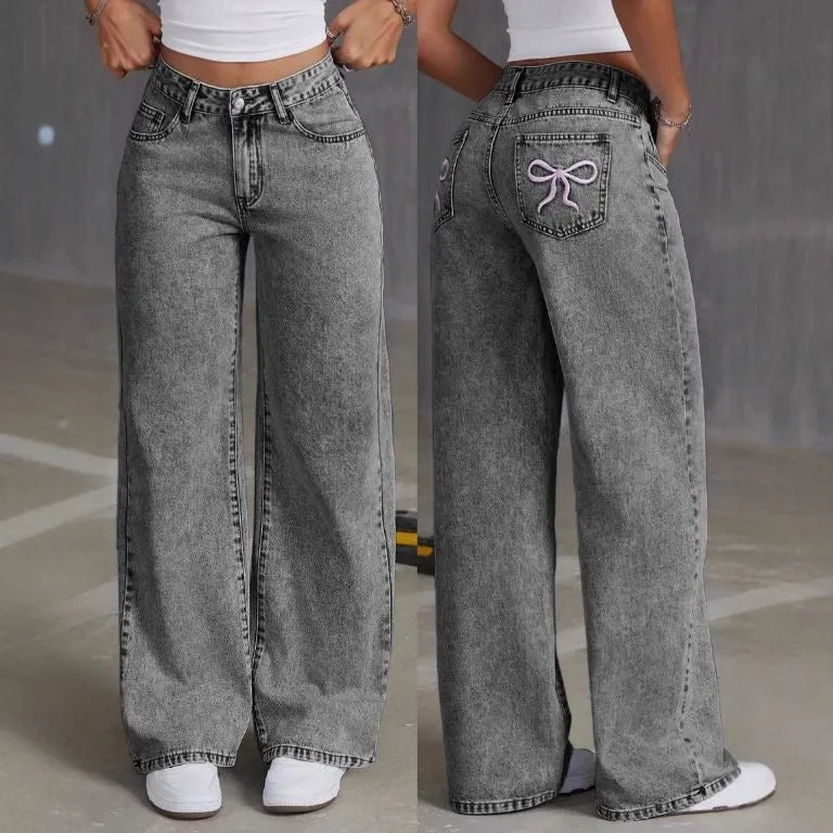 Butterfly Knot Embroidered Denim Jeans for Women, Sweet and Spicy High-Waisted Straight-Leg Loose-Fit Pants