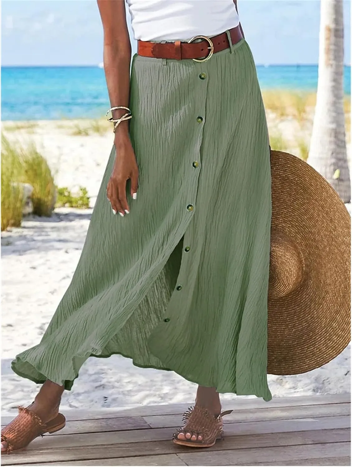 Button Down Maxi Skirts for Women Cotten Linen A Line Beach Long Skirts Casual Loose Flowy Swing Slit Front Dress