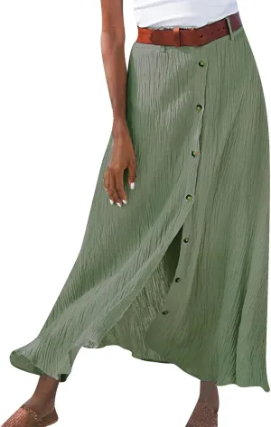 Button Down Maxi Skirts for Women Cotten Linen A Line Beach Long Skirts Casual Loose Flowy Swing Slit Front Dress