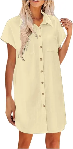 Button Down Tshirt Dresses Womens Short Sleeve Lapel Collar Work Dress with Pockets Loose Beach Coverups Mini Dress