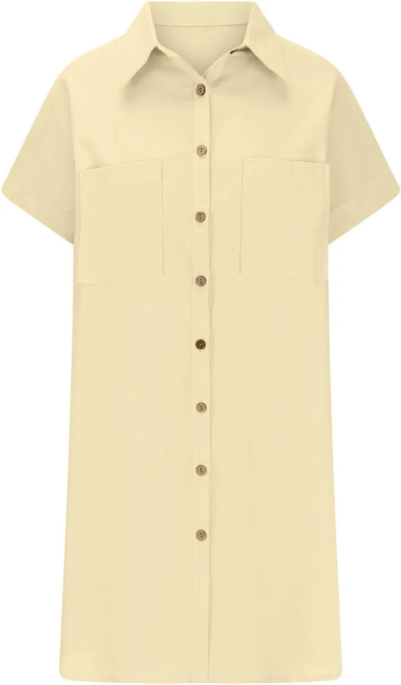 Button Down Tshirt Dresses Womens Short Sleeve Lapel Collar Work Dress with Pockets Loose Beach Coverups Mini Dress