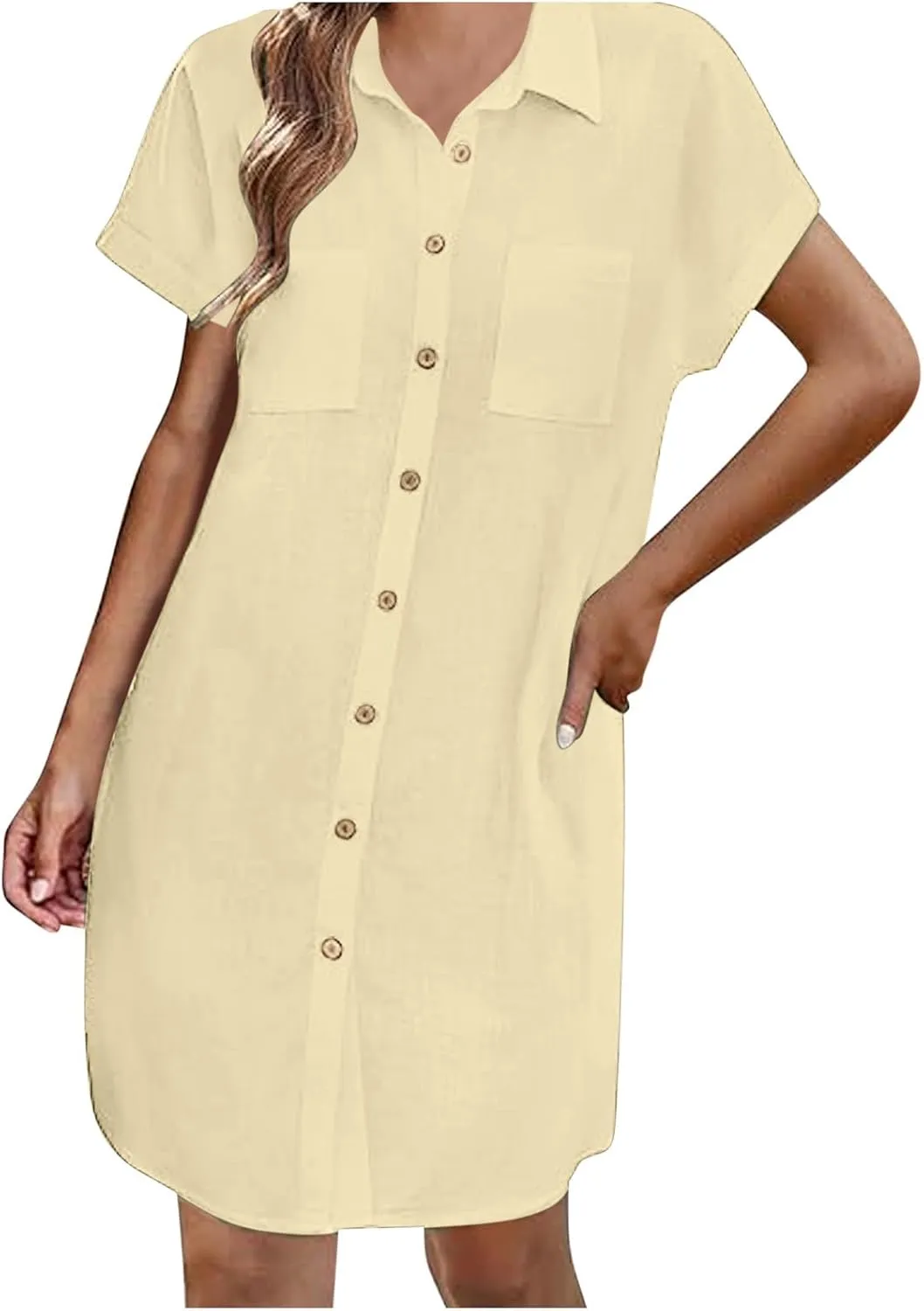 Button Down Tshirt Dresses Womens Short Sleeve Lapel Collar Work Dress with Pockets Loose Beach Coverups Mini Dress